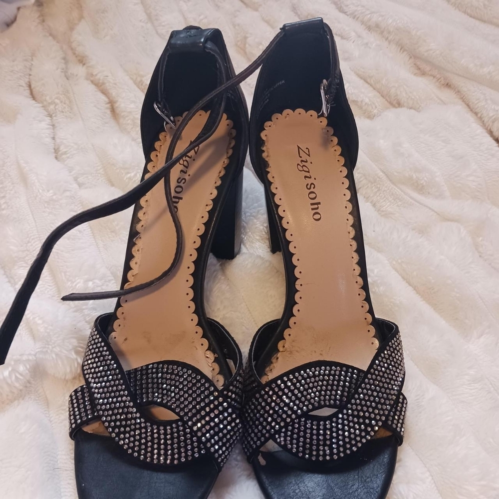 Zigi Soho Black Rhinestone Crisscross Ankle-Strap Heels